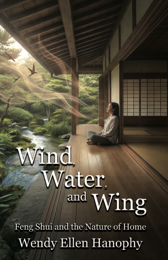Picture of woman sitting outside on a porch overlooking stream; wind water and wing; wendy ellen hanophy